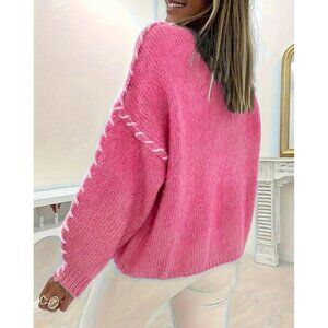 Drop Shoulder Crew Neck Knitted Sweater Womens Long Sleeve Loose Fit Bright Pink